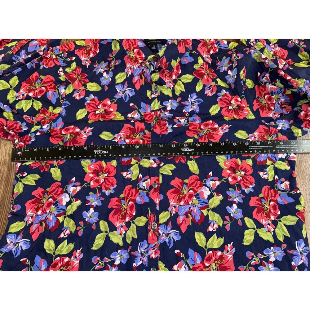Lands' End Womens 16 Navy Blue Floral No Iron Supima Cotton Button Down Shirt - Picture 5 of 7